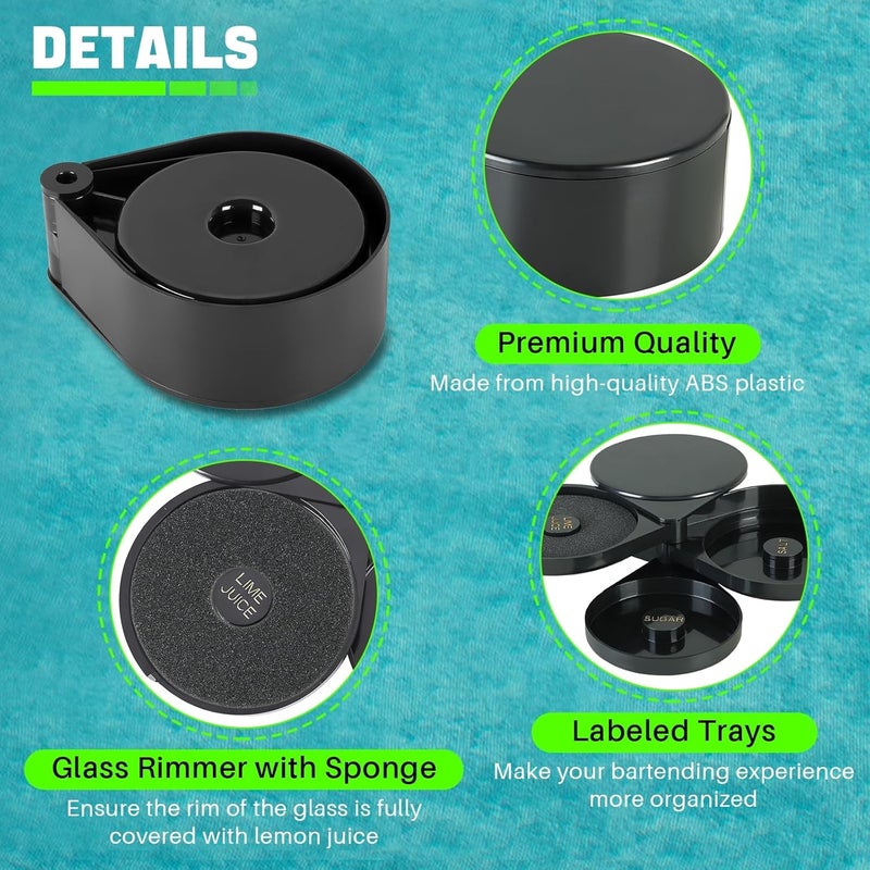 weyleity 3-Tier Bar Glass Rimmer Bartender Tool with Sponge | Margarita Salt Rimmer Set with 3-Tray, Black Plastic Salt Sugar Lime Juice Rimmer Box for Cocktails Margaritas - Image 4